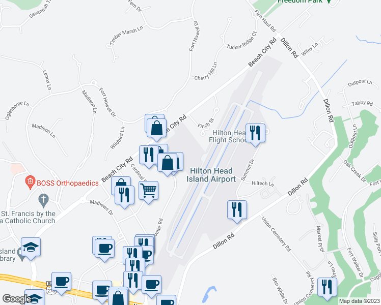 map of restaurants, bars, coffee shops, grocery stores, and more near 120 Beach City Road in Hilton Head Island