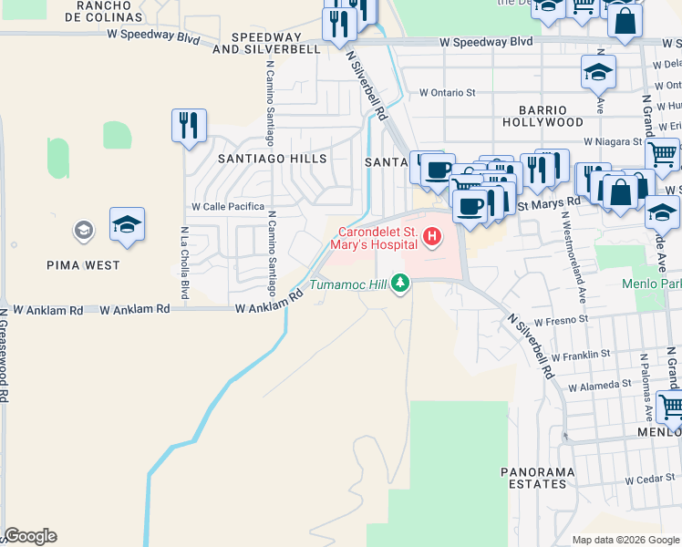map of restaurants, bars, coffee shops, grocery stores, and more near 1780 West Anklam Road in Tucson