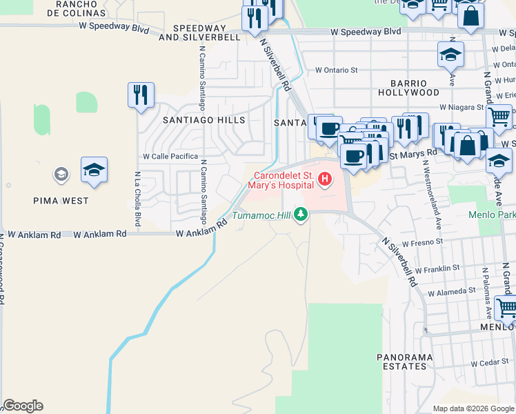 map of restaurants, bars, coffee shops, grocery stores, and more near 1780 West Anklam Road in Tucson