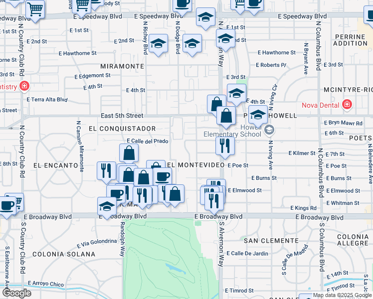 map of restaurants, bars, coffee shops, grocery stores, and more near North Ridge Drive in Tucson