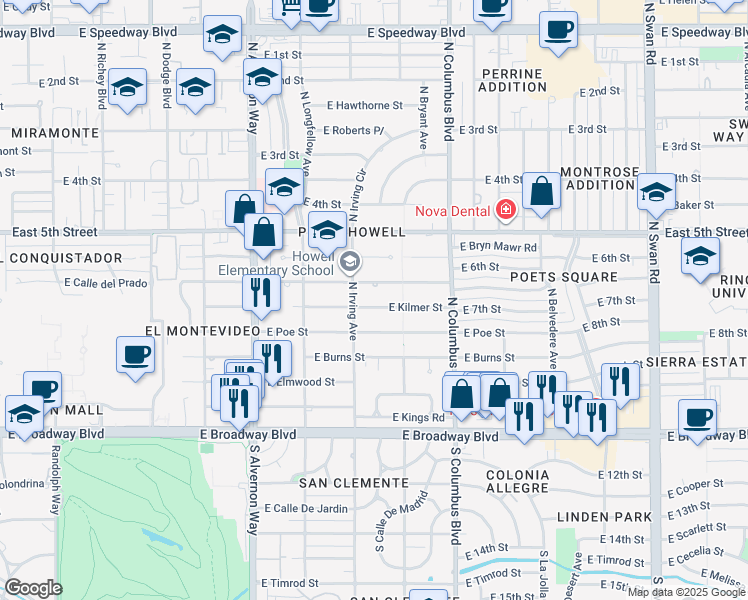 map of restaurants, bars, coffee shops, grocery stores, and more near 4132 East Kilmer Street in Tucson