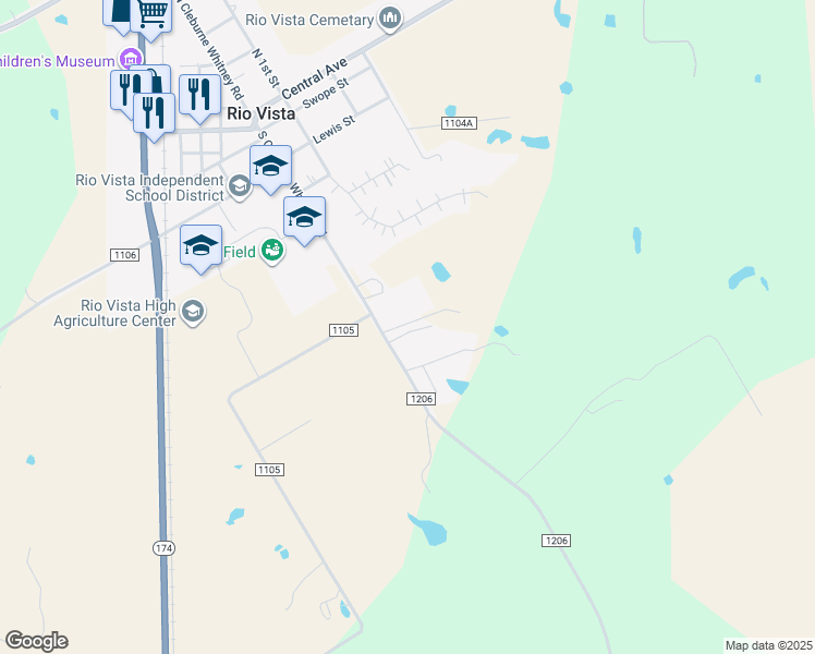 map of restaurants, bars, coffee shops, grocery stores, and more near 843 County Road 1206 in Rio Vista