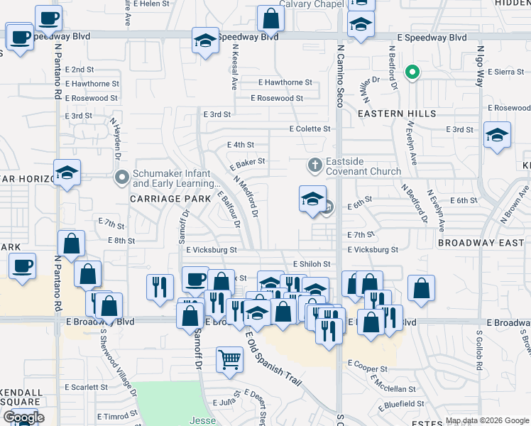map of restaurants, bars, coffee shops, grocery stores, and more near 400 North Medford Drive in Tucson