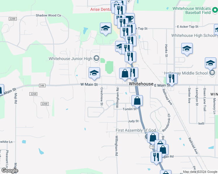 map of restaurants, bars, coffee shops, grocery stores, and more near 307 West Main Street in Whitehouse