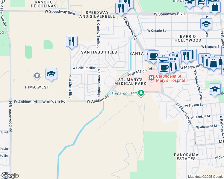 map of restaurants, bars, coffee shops, grocery stores, and more near 1802 West Anklam Road in Tucson
