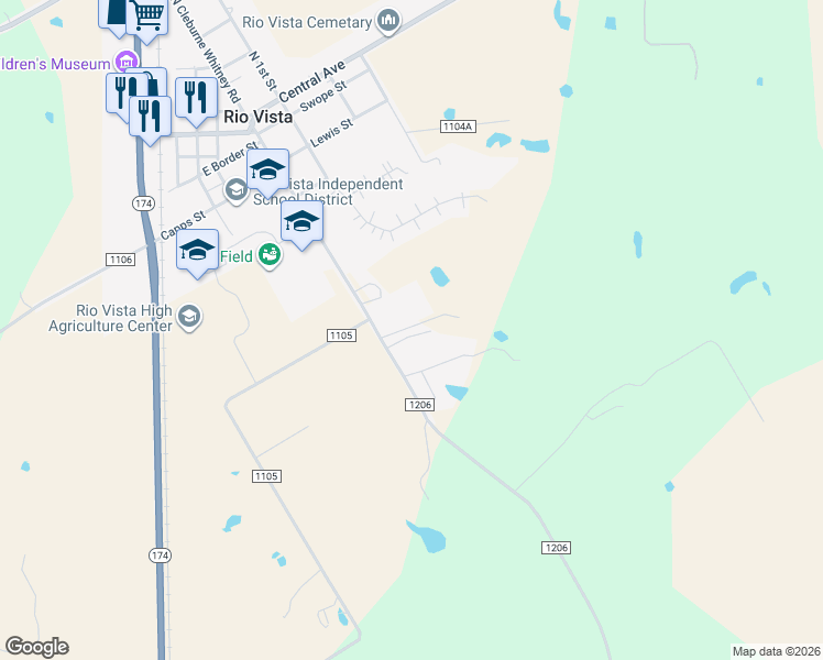 map of restaurants, bars, coffee shops, grocery stores, and more near 843 County Road 1206 in Rio Vista