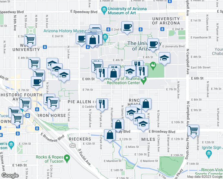 map of restaurants, bars, coffee shops, grocery stores, and more near N Fremont Ave & E 7th St in Tucson