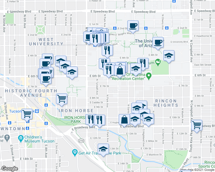 map of restaurants, bars, coffee shops, grocery stores, and more near N Park Ave & E 7th St in Tucson