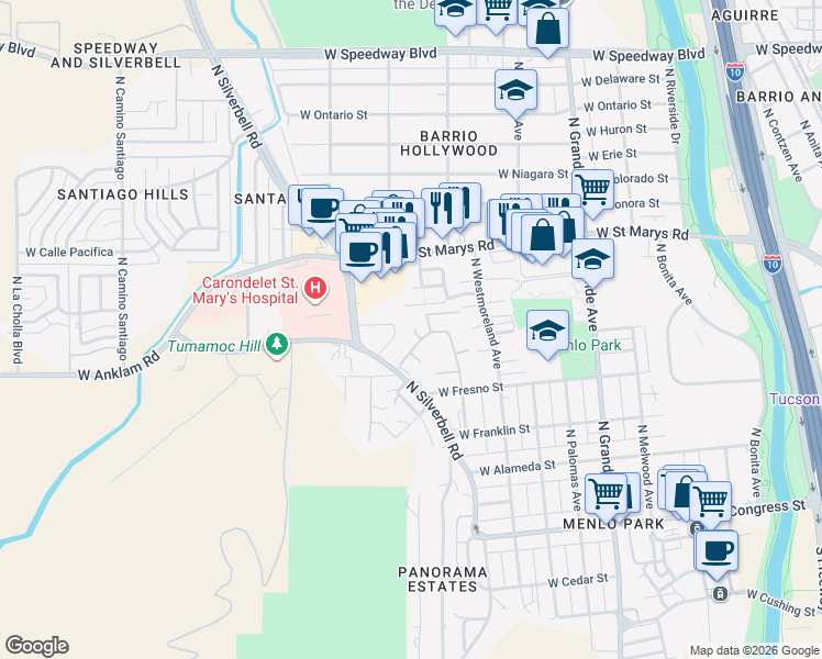 map of restaurants, bars, coffee shops, grocery stores, and more near 370 North Silverbell Road in Tucson