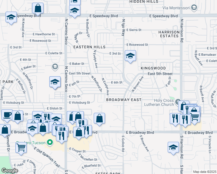 map of restaurants, bars, coffee shops, grocery stores, and more near 9003 East 7th Street in Tucson