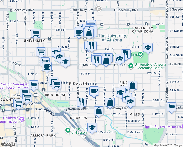 map of restaurants, bars, coffee shops, grocery stores, and more near 335 North Park Avenue in Tucson