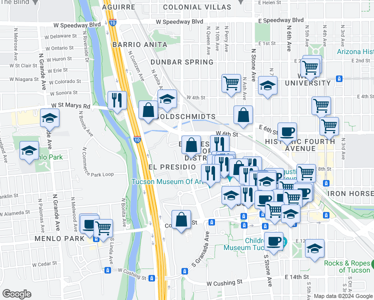 map of restaurants, bars, coffee shops, grocery stores, and more near in Tucson