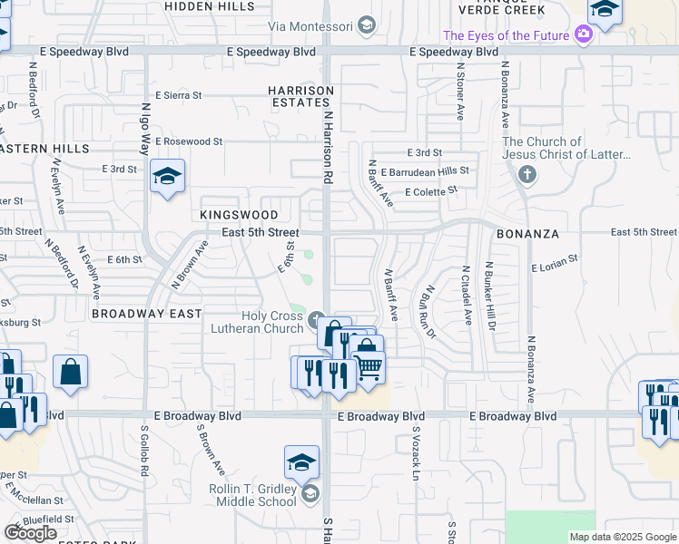 map of restaurants, bars, coffee shops, grocery stores, and more near 550 North Harrison Road in Tucson