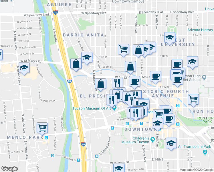 map of restaurants, bars, coffee shops, grocery stores, and more near 370 North Main Avenue in Tucson