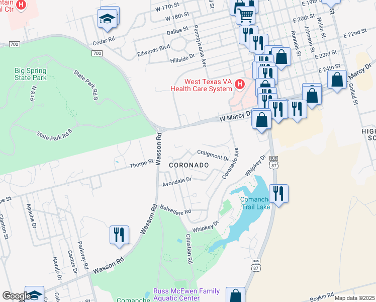 map of restaurants, bars, coffee shops, grocery stores, and more near 39 Courtney Place in Big Spring