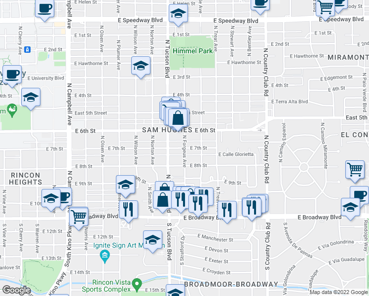 map of restaurants, bars, coffee shops, grocery stores, and more near North Forgeus Avenue & East 7th Street in Tucson