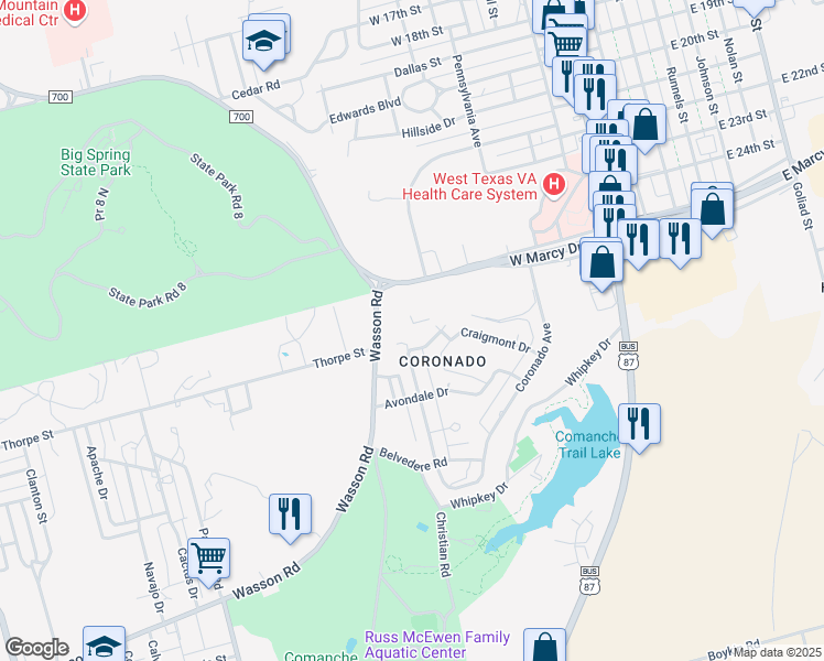 map of restaurants, bars, coffee shops, grocery stores, and more near 39 Courtney Place in Big Spring