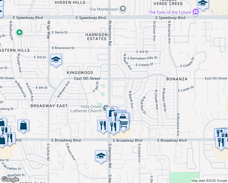 map of restaurants, bars, coffee shops, grocery stores, and more near 550 North Harrison Road in Tucson