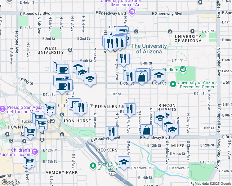 map of restaurants, bars, coffee shops, grocery stores, and more near 357 North Tyndall Avenue in Tucson