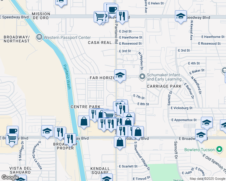 map of restaurants, bars, coffee shops, grocery stores, and more near 445 North Pantano Road in Tucson