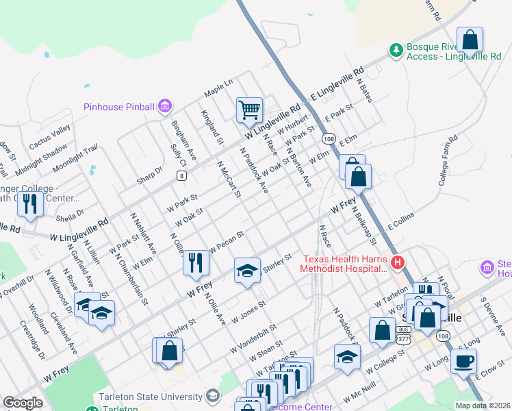 map of restaurants, bars, coffee shops, grocery stores, and more near 1100 North McCart Street in Stephenville