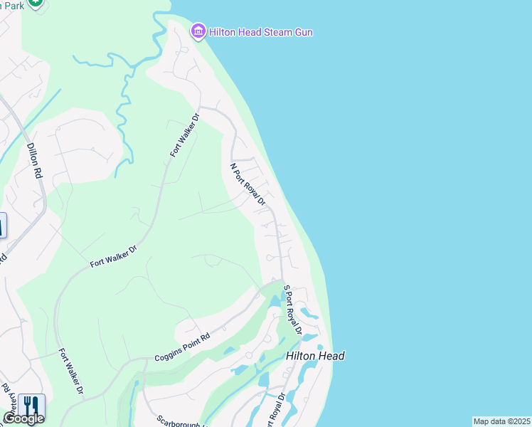 map of restaurants, bars, coffee shops, grocery stores, and more near 1 Elliot Place in Hilton Head Island