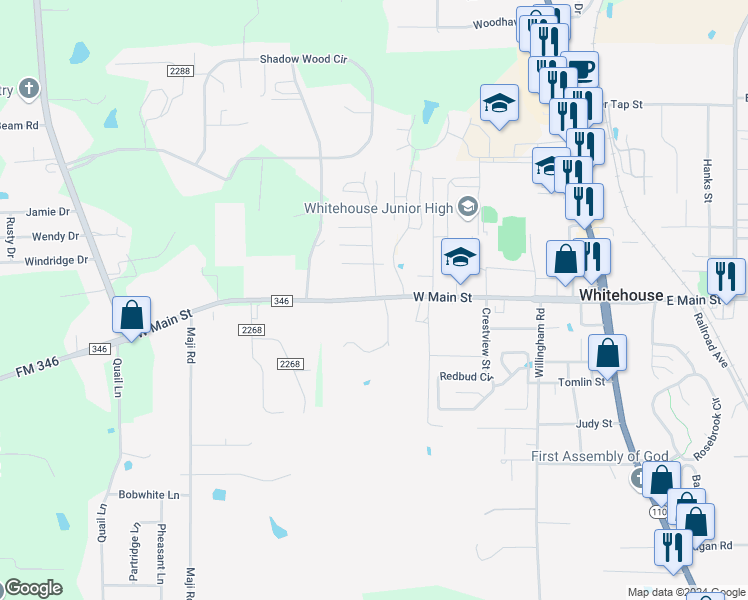 map of restaurants, bars, coffee shops, grocery stores, and more near 602 West Main Street in Whitehouse