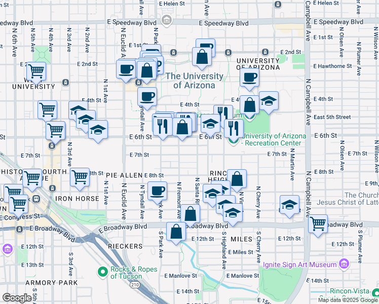 map of restaurants, bars, coffee shops, grocery stores, and more near 1125 East 7th Street in Tucson