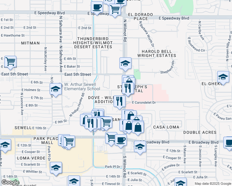 map of restaurants, bars, coffee shops, grocery stores, and more near 355 North Wilmot Road in Tucson