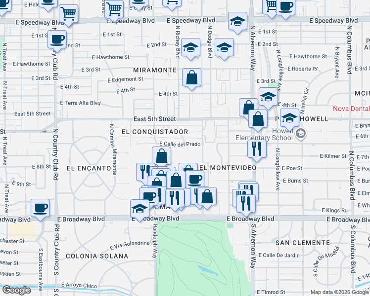 map of restaurants, bars, coffee shops, grocery stores, and more near 3564 East Calle del Prado in Tucson