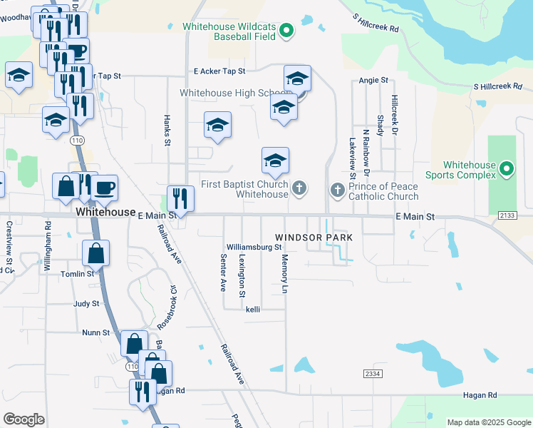 map of restaurants, bars, coffee shops, grocery stores, and more near 104 County Road 2132 in Whitehouse