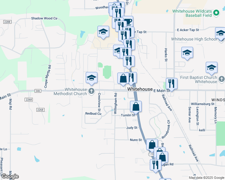 map of restaurants, bars, coffee shops, grocery stores, and more near 105 Willingham Road in Whitehouse