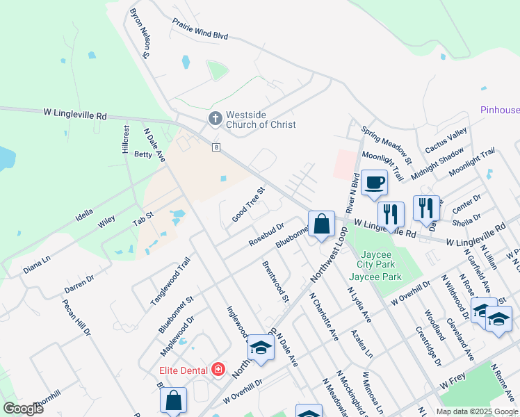 map of restaurants, bars, coffee shops, grocery stores, and more near 105 Spicewood Drive in Stephenville