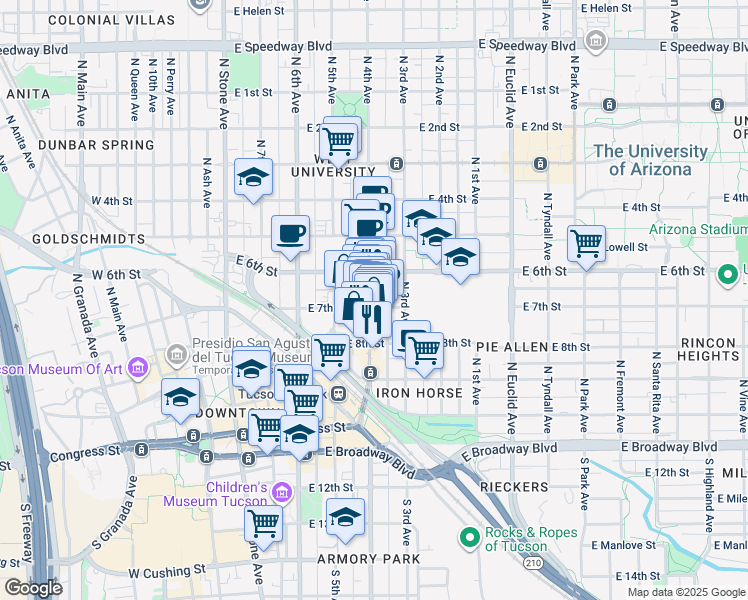 map of restaurants, bars, coffee shops, grocery stores, and more near 406 North 4th Avenue in Tucson