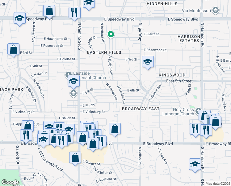 map of restaurants, bars, coffee shops, grocery stores, and more near 8921 East 7th Street in Tucson