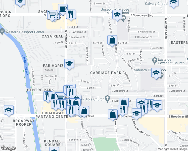 map of restaurants, bars, coffee shops, grocery stores, and more near 8109 East Holmes Street in Tucson