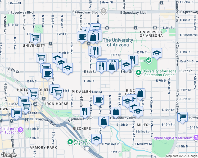 map of restaurants, bars, coffee shops, grocery stores, and more near 409 North Park Avenue in Tucson