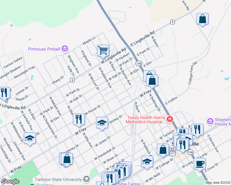 map of restaurants, bars, coffee shops, grocery stores, and more near 1255 North Paddock Avenue in Stephenville