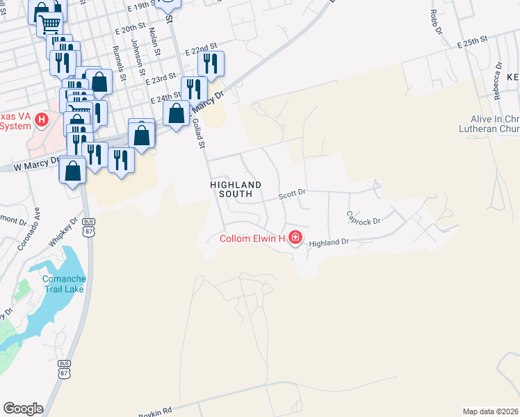 map of restaurants, bars, coffee shops, grocery stores, and more near 9 Bennett Circle in Big Spring