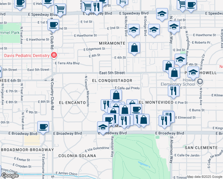map of restaurants, bars, coffee shops, grocery stores, and more near 3514 East Calle Alarcon in Tucson