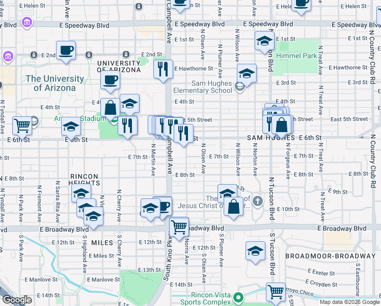 map of restaurants, bars, coffee shops, grocery stores, and more near 2038 East 6th Street in Tucson