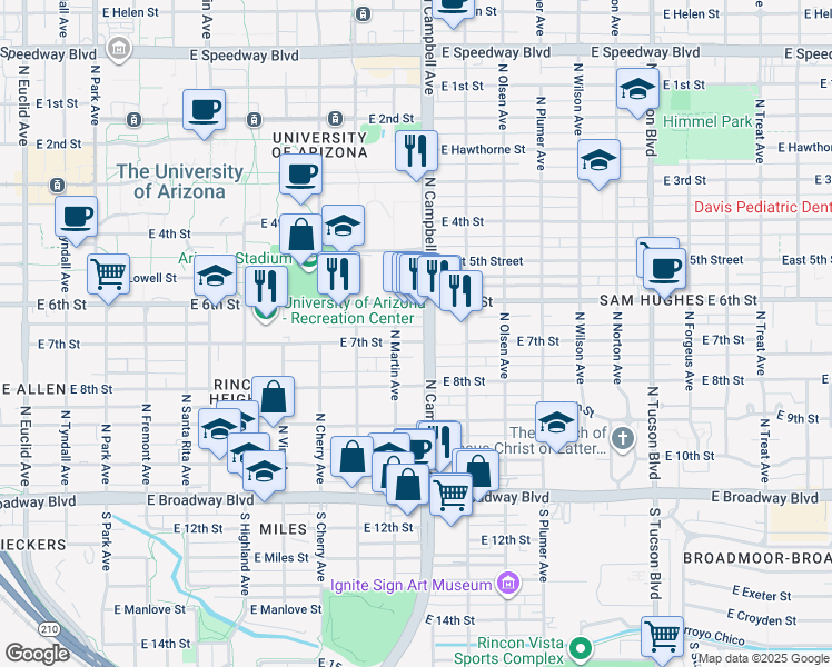 map of restaurants, bars, coffee shops, grocery stores, and more near in Tucson