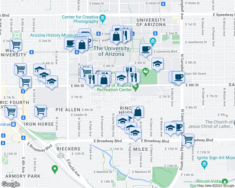 map of restaurants, bars, coffee shops, grocery stores, and more near 1300 East 6th Street in Tucson