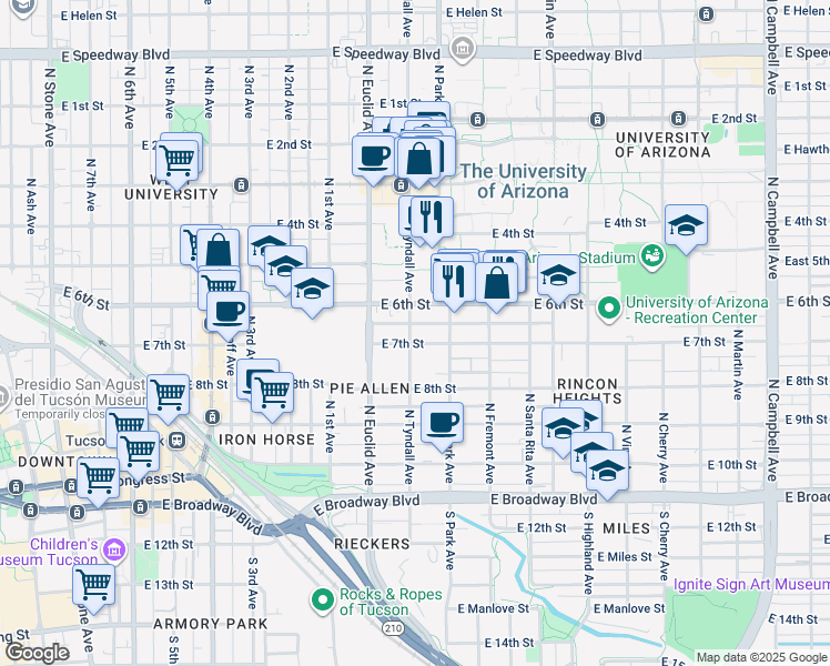 map of restaurants, bars, coffee shops, grocery stores, and more near 447 North Tyndall Avenue in Tucson