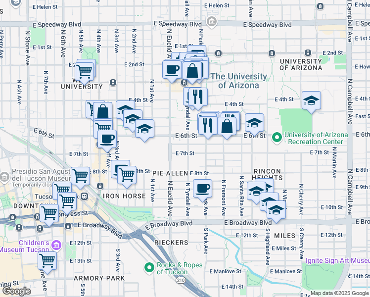 map of restaurants, bars, coffee shops, grocery stores, and more near 447 North Tyndall Avenue in Tucson