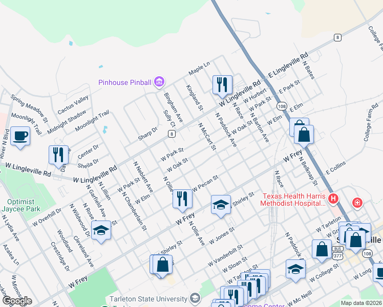 map of restaurants, bars, coffee shops, grocery stores, and more near 935 West Park Street in Stephenville