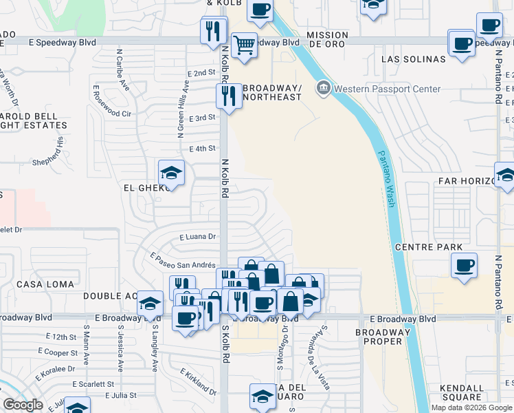 map of restaurants, bars, coffee shops, grocery stores, and more near 7142 East Flamenco Drive in Tucson