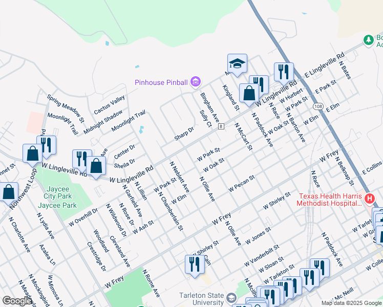 map of restaurants, bars, coffee shops, grocery stores, and more near 1011 West Lingleville Road in Stephenville