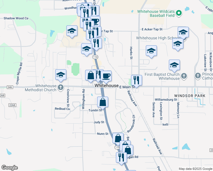 map of restaurants, bars, coffee shops, grocery stores, and more near in Whitehouse