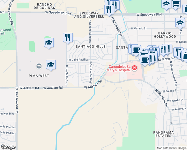 map of restaurants, bars, coffee shops, grocery stores, and more near North Camino Santiago in Tucson